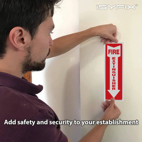 Person installing Fire Extinguisher Signs Stickers 12 Pack 4x12 Inch Premium Self Adhesive Vinyl Decals Laminated For Ultimate UV Weather Scratch Water Fade Resistance Indoor Outdoor Easy To View Location Indicator For Fire Extinguishers on wall