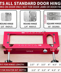 Durable Aluminum Door Hinge Jig Router Template Kit With Adjustable Mortise From Guhiwuk Fits From Two And A Half Inches To Five Inches In Length And Thickness, Includes Quarter Radius, Five Eighths Radius And Square Corner Types For Hinge Mortises shown with measurements and hinge options