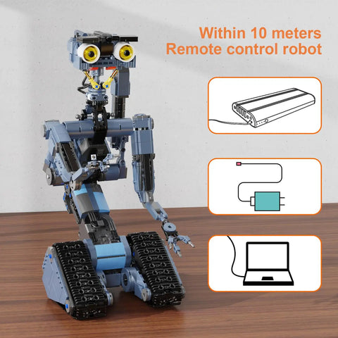 Johnny 5 Robot Building Set With Remote Control 1176 Pieces Rechargeable STEM Tech Movie Robotic Figure Model Kit For Adults Men Geek Gift Educational Hands On Robotics Project Gift Idea For Fans, gray brick robot on table