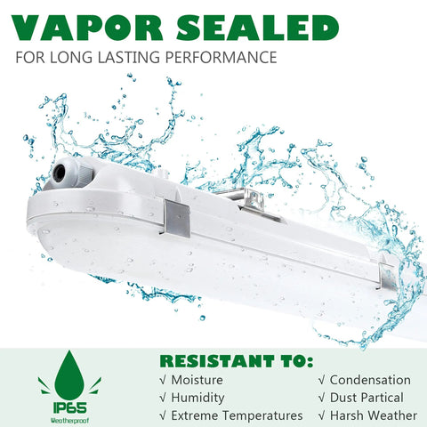 Eight Foot LED Vapor Tight Shop Light 100W 12000LM IP65 waterproof shown vapor sealed against moisture with stainless clips