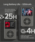 Bluetooth MP3 Player With 128GB Storage Portable Music Player For Music Audiobooks And Videos Long Battery Life And Easy Playlist Support Kid Friendly Black Gadget showing battery life