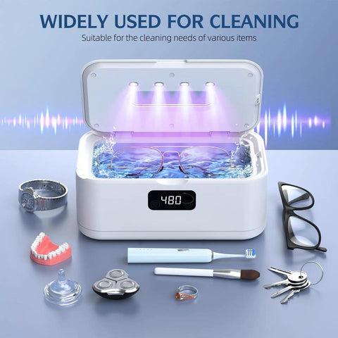 50kHz Ultrasonic Jewelry Cleaner with UV Light, 24oz stainless steel tank, digital timer, cleans eyeglasses and jewelry items