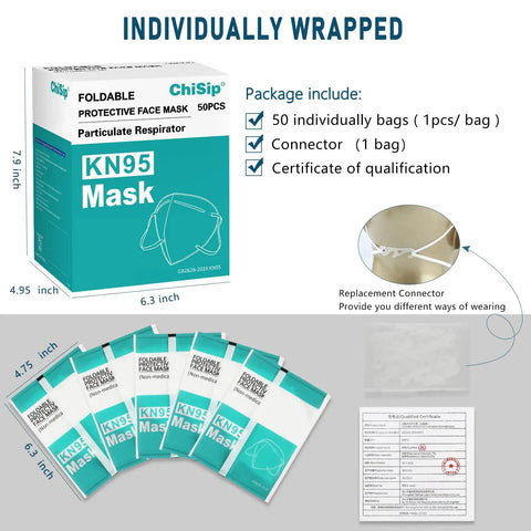 KN95 Face Masks 50 Pack Individually Wrapped White 5 Layer Protection Cup Style packaging and contents displayed