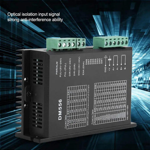 DM556 Two Phase Stepper Motor Driver for 24V to 50V DC with circuit diagram and anti-interference ability in a tech background