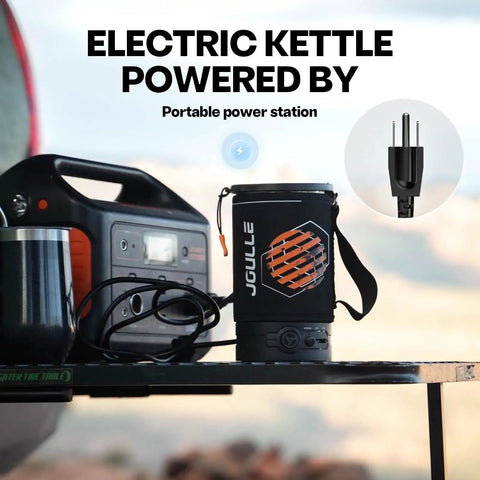 Hot Travel Coffee Maker With Built In French Press Design. Portable electric kettle powered by a portable power station.