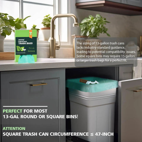 Industrially Compostable 13 To 15 Gallon Tall Kitchen Trash Bags shown on a countertop next to a kitchen trash can.