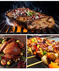 Grilled steak, roasted turkey, and kebabs arranged, highlighting the Game-Changing Silicone Turkey Baster With Cleaning Brush For Juicy Turkeys.