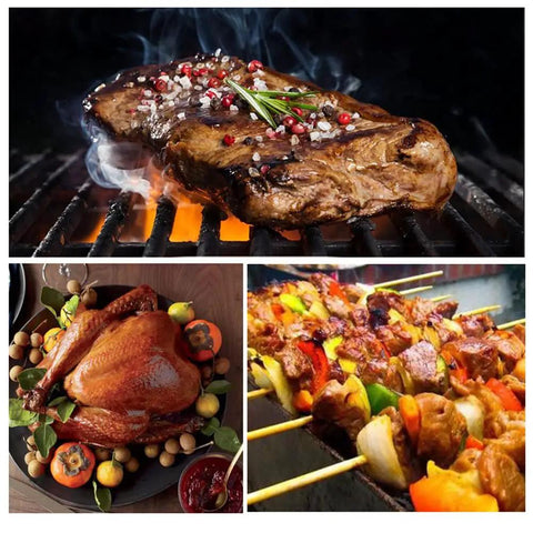 Grilled steak, roasted turkey, and kebabs arranged, highlighting the Game-Changing Silicone Turkey Baster With Cleaning Brush For Juicy Turkeys.