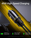 Dual Port Usb C Car Charger Delivering Pd 45W And Qc 30W Fast Charge Magic Plug Straight Into Your Ride For Macbook Or iPhone 15 Galaxy S24, charging in vehicle.