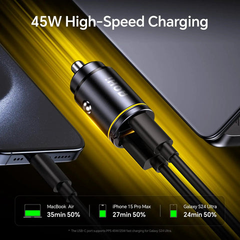 Dual Port Usb C Car Charger Delivering Pd 45W And Qc 30W Fast Charge Magic Plug Straight Into Your Ride For Macbook Or iPhone 15 Galaxy S24, charging in vehicle.