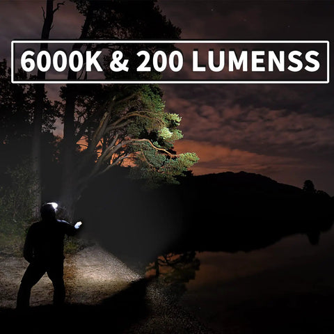 Person using 2 Pack LED Flashlight Replacement Bulbs PR2 P13.5S 3W 247LM in a dark outdoor setting, 6000K & 200 lumens.