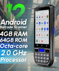 Rugged Android 12 Barcode Scanner With 1D 2D And QR Scan NFC Reader 4G WiFi 4 Inch Touchscreen And All In One Handheld Data Terminal For Inventory And Warehouse WMS, showing front view with keypad and icons.