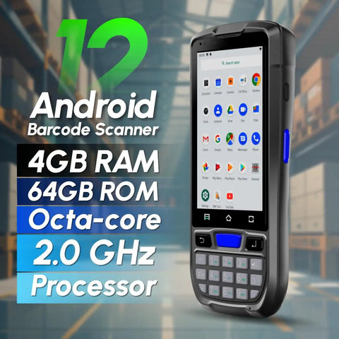 Rugged Android 12 Barcode Scanner With 1D 2D And QR Scan NFC Reader 4G WiFi 4 Inch Touchscreen And All In One Handheld Data Terminal For Inventory And Warehouse WMS, showing front view with keypad and icons.
