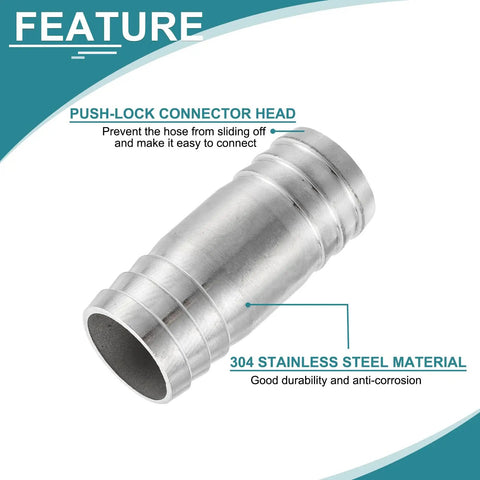 Two Pack One And One Eighth Inch Hose Barb Equal Pipe Fittings Made From 304 Stainless Steel Adapters For Vacuum Systems Industrial Connections And Pneumatic Equipment Heavy Duty showing push-lock connector head.