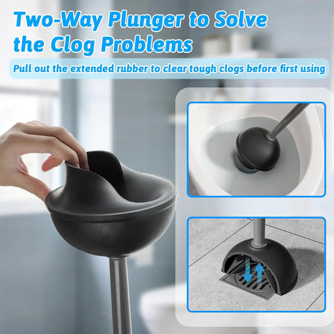 Heavy Hitter Toilet Brush And Plunger Set Featuring Curved Scour Bristles Gray Two Piece Bathroom Clog Knockout Kit With A Rock Solid Freestanding Storage Stand with two-way plunger and rubber cup for unclogging