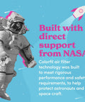 Astronaut with NASA logo and text promoting Colorfil air filter technology collaboration with NASA