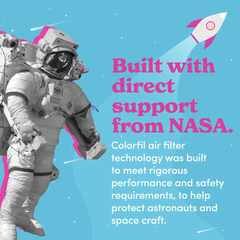 Astronaut floating in space with text 'Built with direct support from NASA' and illustration of rocket.