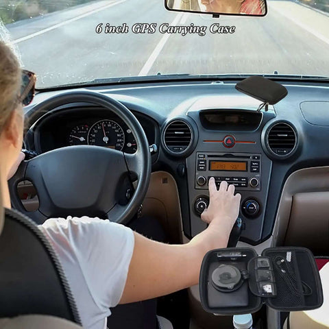 Kickass Heavy Duty Hard Shell GPS Carry Case With Roomy Mesh Pouch For 5 To 6 Inch Garmin Drive And TomTom Navigators on car dashboard.