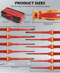 1000V Insulated Electrician Screwdriver Set With Pro Grade Magnetic Tips, 13-Piece Heavy Duty Kit layout with sizes and case