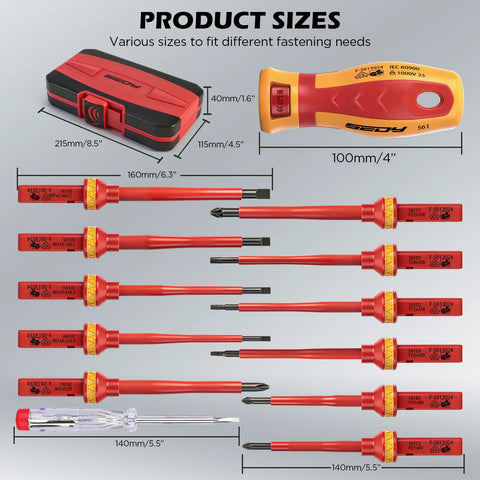 1000V Insulated Electrician Screwdriver Set With Pro Grade Magnetic Tips, 13-Piece Heavy Duty Kit layout with sizes and case