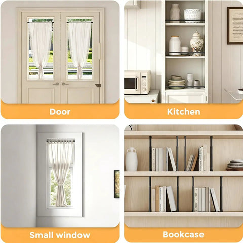 Image showing 2 Pack Tension Curtain Rods 8 To 12 Inches No Drill DIY Friendly Mini Spring Curtain Rods installed on doors, window, and shelves.
