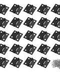 24 Pack Of Solid Black One Inch Metal Hinges With Included Fasteners Quick Hook Up For Drawers Cabinets And Small Craft Boxes Built Tough For Heavy Duty Jobs showing arranged hinges and screws.