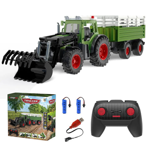 Remote Control Tractor With Dump Trailer And Front Loader, 2.4GHz RC Tractor Toy with accessories including batteries and remote