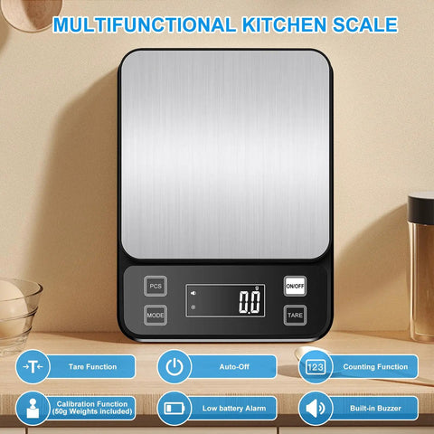 Waterproof Kitchen Scale IPX67 with 0.1g and 0.001oz precision, LCD display, stainless steel platform, tare function visible