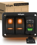 Two Gang Rocker Switch Panel With PD Type C USB Charger And Voltmeter 12V SPST On Off Toggle Switches Orange Backlit Waterproof Aluminum