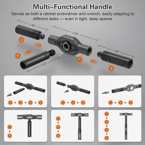 Diagram of multi-functional handle from 34 In 1 Magnetic Screwdriver Set With Ratcheting Handle Interchangeable Bits And Handy Repair Kit For Electronics Bikes Furniture Computers And DIY Projects.
