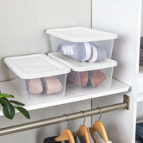 Clear Plastic Storage Bins With Lids 6 Quart Stackable Organizer Boxes on a closet shelf, containing shoes for easy organization.