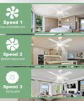 White Ceiling Fan With Lights And Remote For Indoor Outdoor Use, 44 Inch Modern Ceiling Fan With Tri Color Dimmable LED Speed Settings