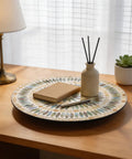 13.4 Inch Round Mother Of Pearl Lazy Susan With Dot Blue Shell Design Hella Smooth Rotating Turntable Tray on wooden desk.