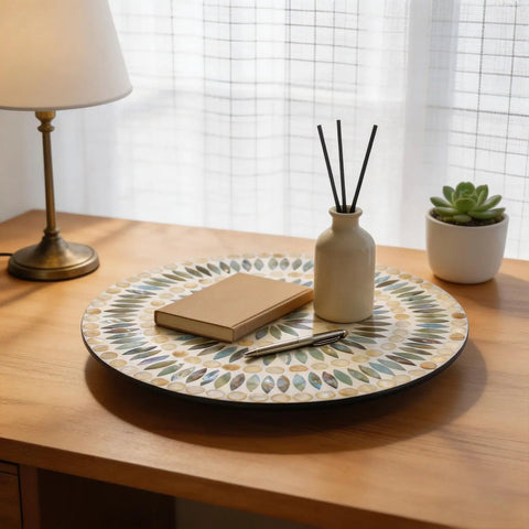 13.4 Inch Round Mother Of Pearl Lazy Susan With Dot Blue Shell Design Hella Smooth Rotating Turntable Tray on wooden desk.
