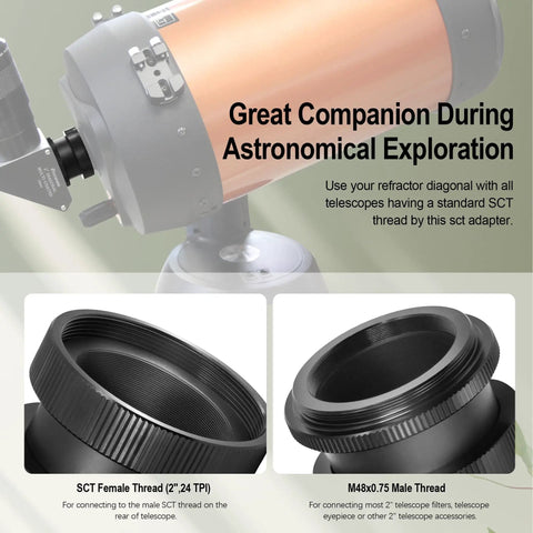 2 Inch SCT Diagonal Adapter For Refractor Diagonals Lets You Run Push In Refractor Diagonals On A Standard SCT Diagonal Quick No Fuss Install For 24 TPI SCT Threads On Your Telescope With M48 x 0 End shown with threaded components in telescope setup.