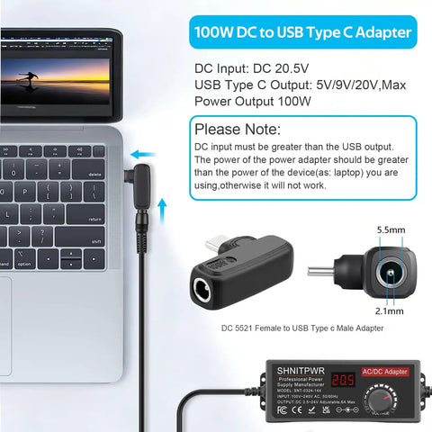 Universal Power Supply Adapter 120W With Adjustable DC Output 3.5V-24V, USB-C PD 100W Fast Charge connected to a laptop