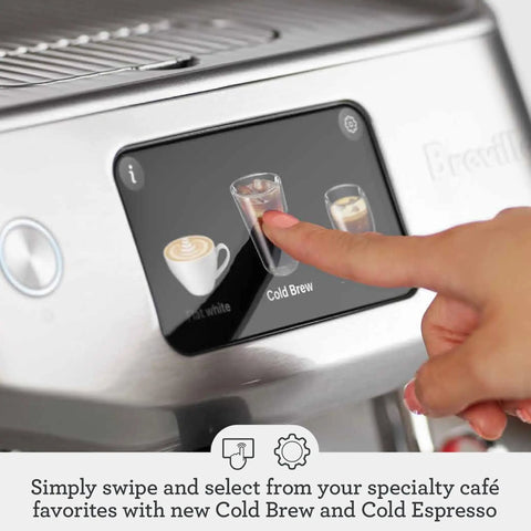 Close-up of Oracle Jet Espresso Machine With Precise Temperature Right Bean Dosing And Microfoam For Latte Art Four Keys Formula display.
