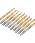 Set of 10 Ti-coated carbide end mills with 3 flutes and round silver shanks