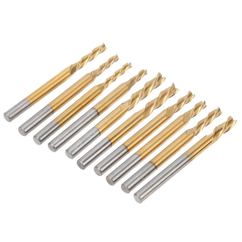 Set of 10 Ti-coated carbide end mills with 3 flutes and round silver shanks