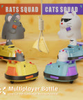 2 Pack Remote Control Cat And Mouse Ejecting Bumper Cars For Kids set on cheese backdrop, featuring cat and mouse figures.