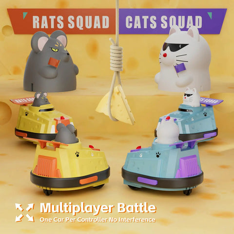 2 Pack Remote Control Cat And Mouse Ejecting Bumper Cars For Kids set on cheese backdrop, featuring cat and mouse figures.