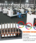 CNC Tool Rack For CAT50 On Desk Mount Super Solid Steel Cabinet With ABS Drawer in a workshop setting with CNC machines.