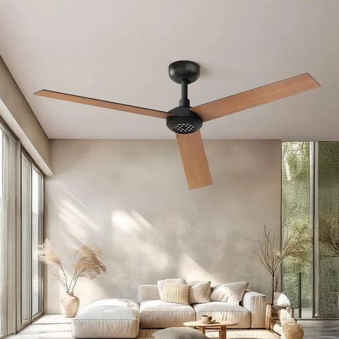 Modern 52" Indoor Ceiling Fan with LED Light Kit, Reversible DC Motor, Double-Sided Plywood Blades & 3-Color Dimmable Lighting in living room.