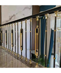 Built Tough Adjustable Stair Railing Spindles And Deck Balusters Made From Wrought Iron With Rust Proof Coating Great For Interior Steps Exterior Landings Featuring Flexible Mounting Brackets And Crisp Black Gold Modern Columns 10 Pack side view of stylish balusters