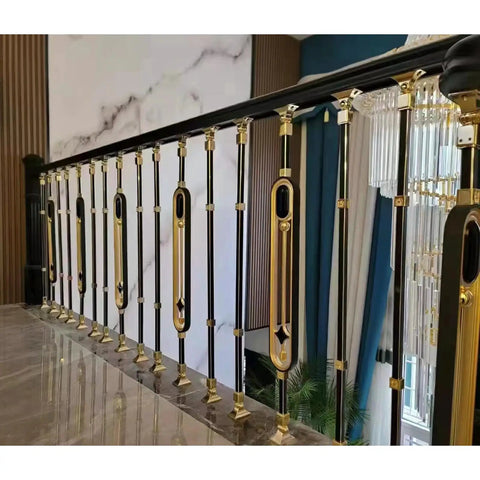 Built Tough Adjustable Stair Railing Spindles And Deck Balusters Made From Wrought Iron With Rust Proof Coating Great For Interior Steps Exterior Landings Featuring Flexible Mounting Brackets And Crisp Black Gold Modern Columns 10 Pack side view of stylish balusters