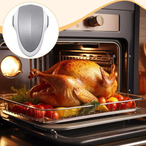 Easy Install No Drill Child Proof Lock For Oven Door Refrigerator Microwave And Cabinet Double Button Security Lock Heat Resistant Plastic Universal Safety Protector For Busy Homes next to an open oven with roasted turkey