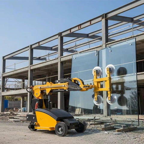 Badass Heavy Duty Glass Vacuum Lifter With Adjustable Electric Suction Cups lifting large glass panel at construction site.