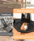 Router plane set for woodworking; left shows traditional handheld plane, right shows installed router plane cutting grooves in wood.