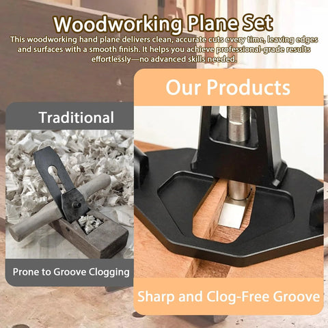 Router plane set for woodworking; left shows traditional handheld plane, right shows installed router plane cutting grooves in wood.