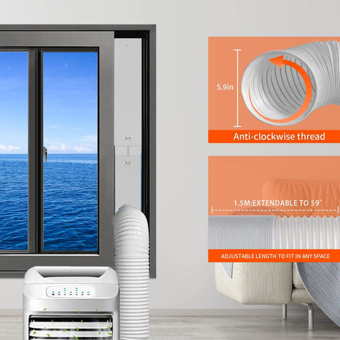 Universal Portable AC Window Vent Kit With 59 Inch Exhaust Hose 5.9 Inch Window Seal shown installed on sliding window.